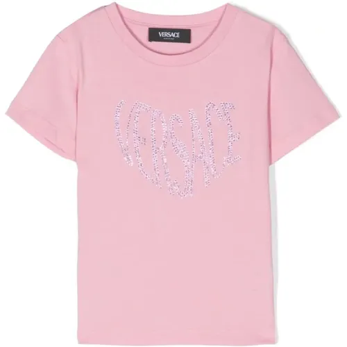 Rhinestone Rose T-Shirt mit Logo - Versace - Modalova