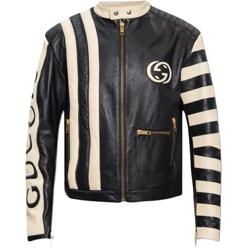Leather Jacket with GG Jacquard Lining , female, Sizes: XS - Gucci - Modalova