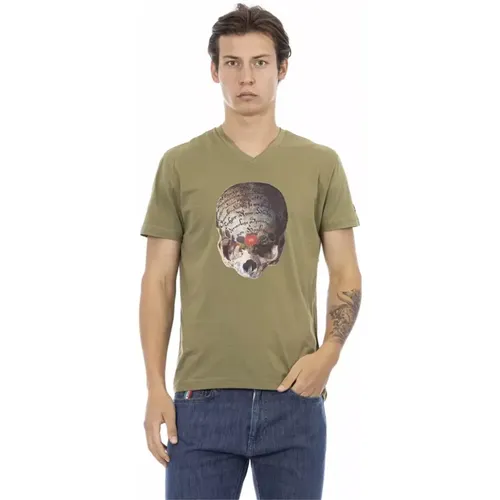 Grünes T-Shirt mit V-Ausschnitt und Frontdruck , Herren, Größe: XL - Trussardi - Modalova