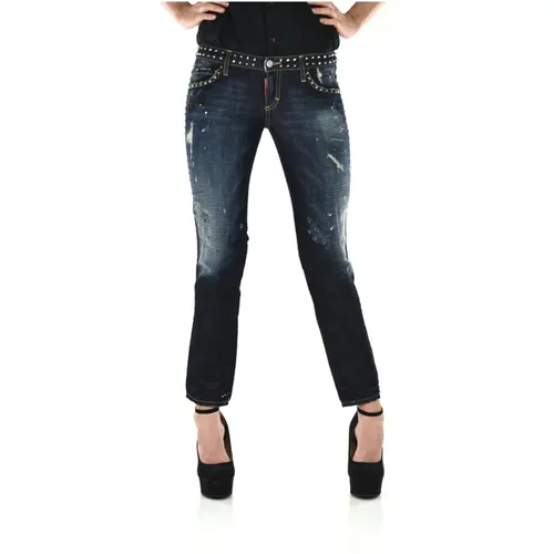 Slim-Fit Denim Jeans with Vintage Paint and White Leather Patch , female, Sizes: S, XS - Dsquared2 - Modalova