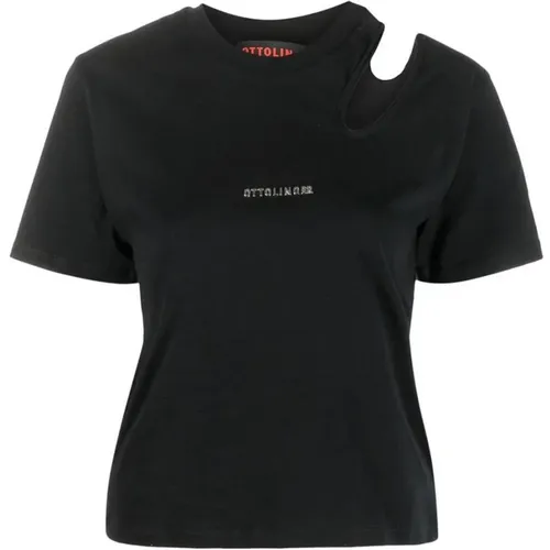 Schwarzes Baumwoll-T-Shirt mit Ausschnitt , Damen, Größe: M - Ottolinger - Modalova