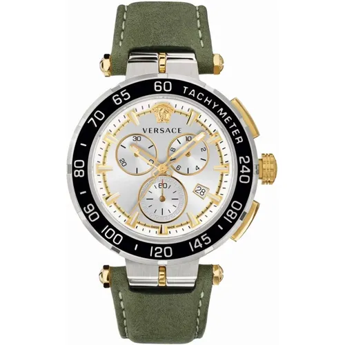 Greca Chrono Leather Strap Watch , male, Sizes: ONE SIZE - Versace - Modalova