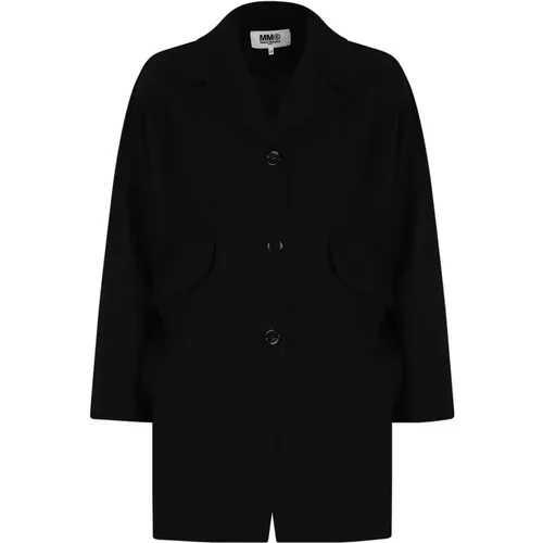 Schwarzer Mantel mit langen Ärmeln und Logo-Stickerei - MM6 Maison Margiela - Modalova