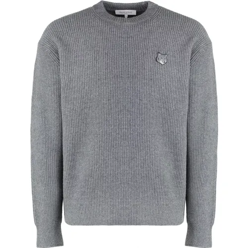 Fox Front Wollmischung Crew-Neck Pullover , Herren, Größe: XL - Maison Kitsuné - Modalova