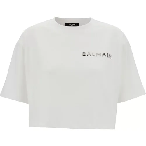 Weißes T-Shirt mit kurzem Ärmeldesign , Damen, Größe: XS - Balmain - Modalova