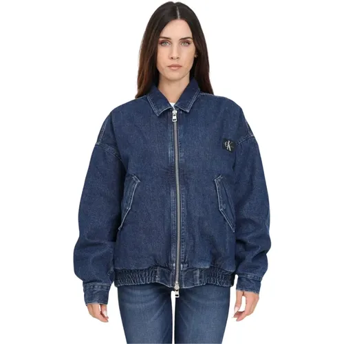 Blaue Denim-Bomberjacke mit Logopatch , Damen, Größe: M - Calvin Klein Jeans - Modalova