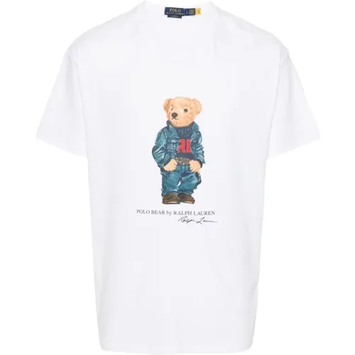 Besticktes Logo T-shirt Weiß Blau Rundhals , Herren, Größe: L - Polo Ralph Lauren - Modalova