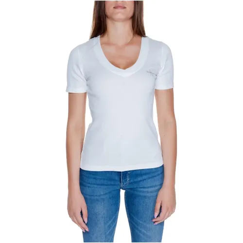 Ripp V-Ausschnitt T-Shirt Herbst/Winter Kollektion , Damen, Größe: S - Calvin Klein Jeans - Modalova