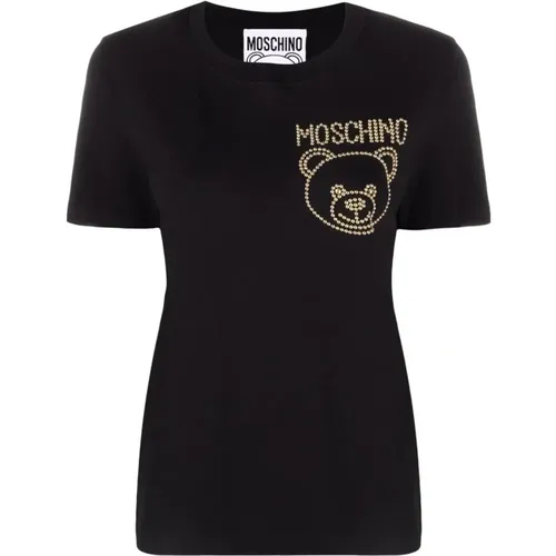 Baumwoll-Logo-T-Shirt mit goldenen Nieten , Damen, Größe: 2XS - Moschino - Modalova