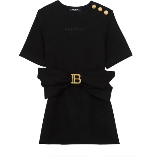 Schwarzes T-Shirt Stil Kleid mit Gold Details,B T-Shirt-Kleid - Balmain - Modalova
