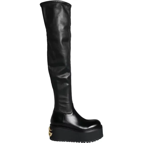 Leather Logo Knee-High Boots Shoes , female, Sizes: 6 UK - Dolce & Gabbana - Modalova