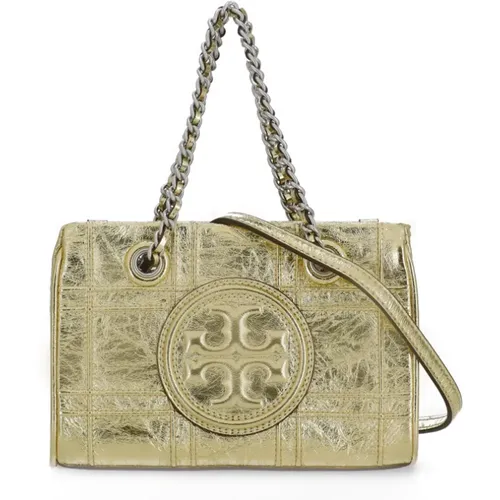 Goldene Pebbled-Leder-Einkaufstasche mit Kettenhenkeln , Damen, Größe: ONE Size - TORY BURCH - Modalova