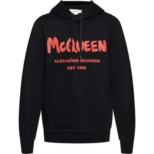 Schwarzer Logo-Print Kapuzenpullover,Schwarzer Pullover mit rotem Graffiti-Druck - alexander mcqueen - Modalova