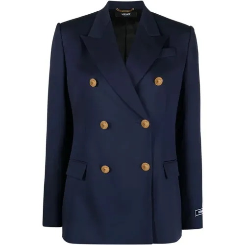 Navy Double-Breasted Blazer , female, Sizes: S, XS - Versace - Modalova