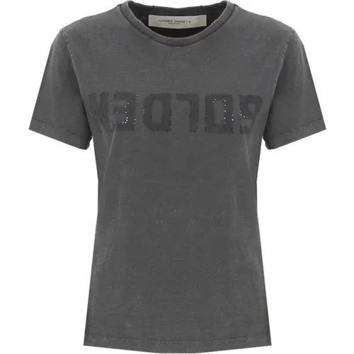 Grey Cotton Crewneck T-shirt with Logo Patch , female, Sizes: M, L, XS, S - Golden Goose - Modalova