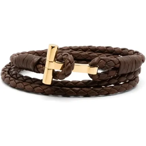 Braided Leather Bracelet with Gold T Buckle , male, Sizes: L - Tom Ford - Modalova