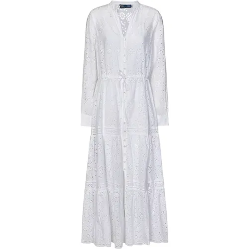 Weiße V-Ausschnitt Kleid mit Kordelzug Taille , Damen, Größe: XS - Polo Ralph Lauren - Modalova