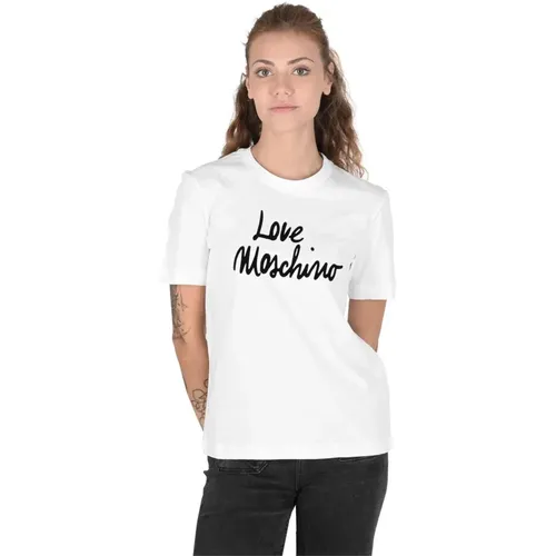 Weißes Baumwoll-T-Shirt mit Einlage - Love Moschino - Modalova