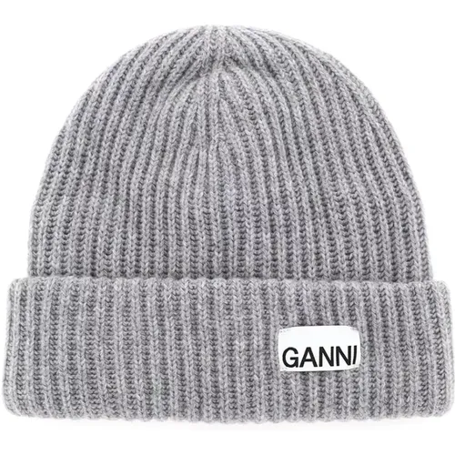 Gerippte Wollmischung Beanie Mütze mit Logo-Patch , unisex, Größe: ONE Size - Ganni - Modalova