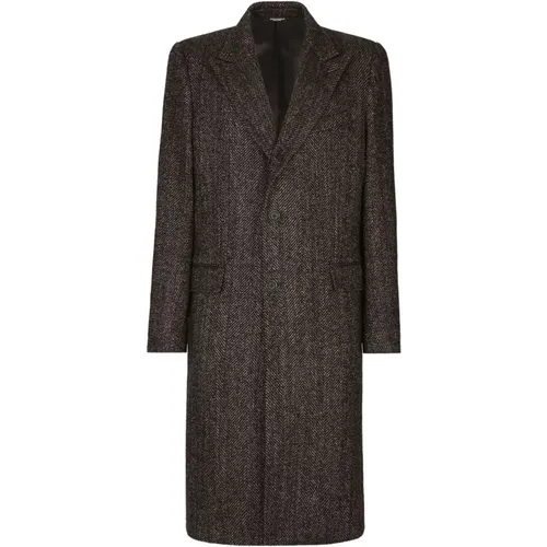 Grey Herringbone Coat with Peak Lapels , male, Sizes: M - Dolce & Gabbana - Modalova