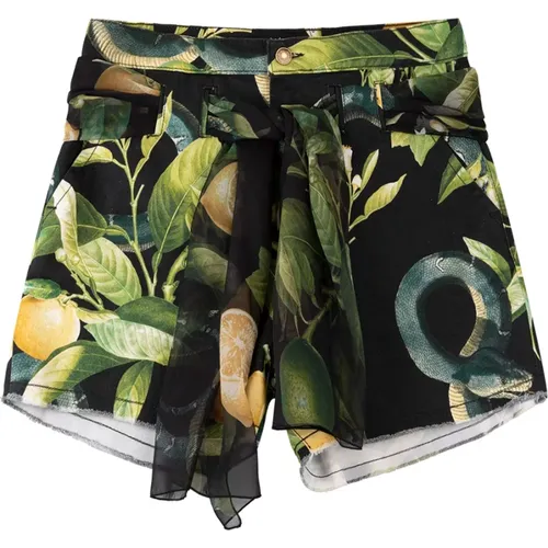 Schwarze Shorts mit Zitronenmuster und Taillengürtel , Damen, Größe: 2XS - Roberto Cavalli - Modalova