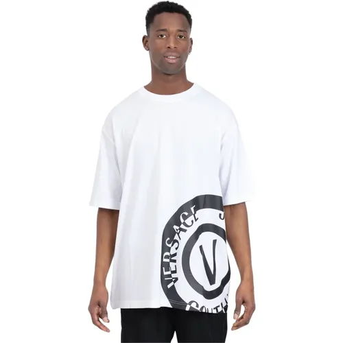 Weiße Gerippte Baumwollgrafik-T-Shirt , Herren, Größe: XL - Versace Jeans Couture - Modalova
