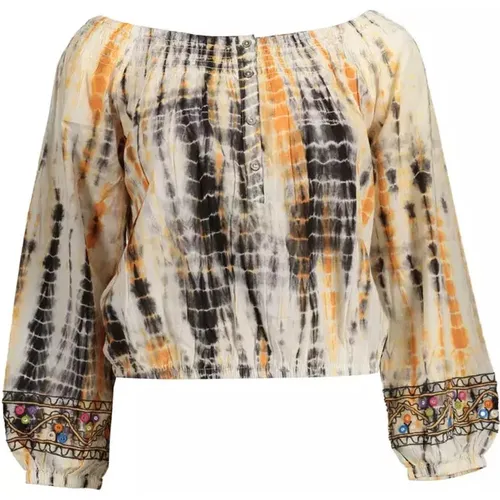 Beige Cotton Long-Sleeved T-Shirt with Contrasting Details , female, Sizes: XL, L, 2XL - Desigual - Modalova