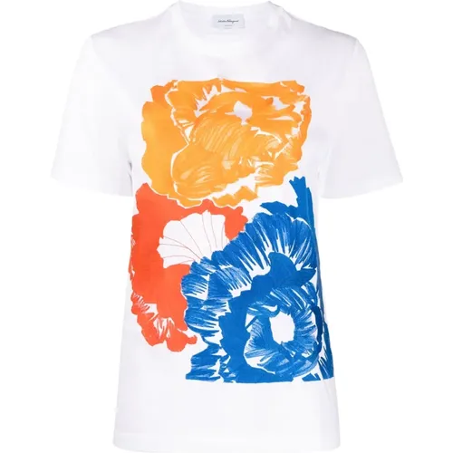 Weißes Baumwoll-T-Shirt mit Blumenstickerei - Salvatore Ferragamo - Modalova