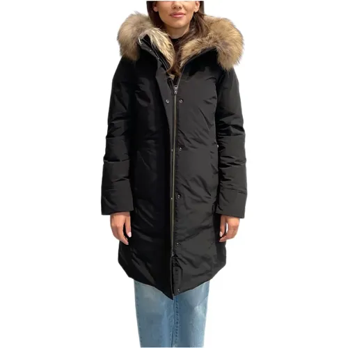 Luxury Boulder Coat - Urban Touch Fabric, Down Feather Padding, Raccoon Fur Hood , female, Sizes: M, S, XS - Woolrich - Modalova