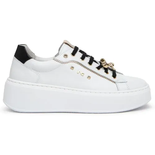 Weiße Leder Juwel Sneakers Plateau , Damen, Größe: 36 EU - Nerogiardini - Modalova