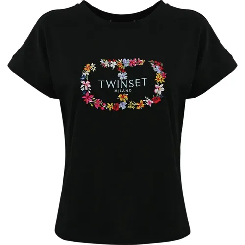 Twin-set T-shirt with Embroidered Floral Design , female, Sizes: XL, 2XL, 2XS - Twinset - Modalova