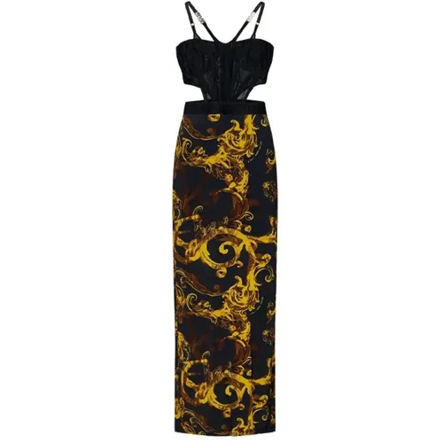 Schwarzes Midi-Kleid mit Cut-Outs und Barockdruck , Damen, Größe: XS - Versace Jeans Couture - Modalova