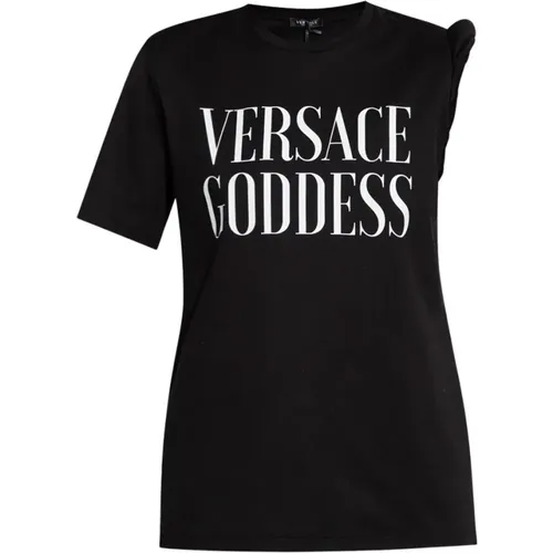 T-Shirt mit gerollten Schulterdetails , Damen, Größe: XS - Versace - Modalova