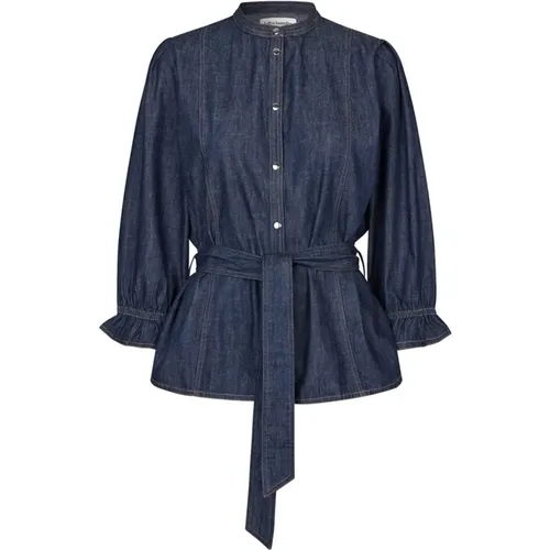 Denim shirt with ¾ sleeves and tie belt , female, Sizes: XL, S, L - Lollys Laundry - Modalova