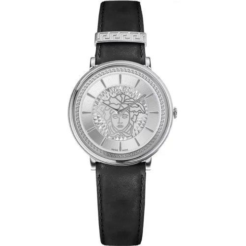 V Circle Black Leather Watch , female, Sizes: ONE SIZE - Versace - Modalova