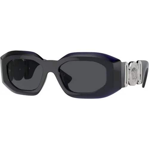 Blaues Gestell, Dunkelgraue Gläser Sonnenbrille , unisex, Größe: 54 MM - Versace - Modalova