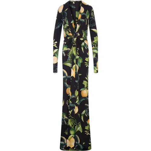 Lemon and Snake Print Long Dress , female, Sizes: S - Roberto Cavalli - Modalova