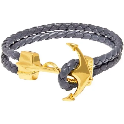 Men's Grey Leather Bracelet with Gold Anchor - Nialaya - Modalova