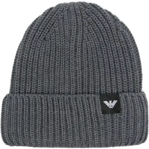 Grey Ribbed Knit Logo Patch Hat , male, Sizes: M - Emporio Armani - Modalova