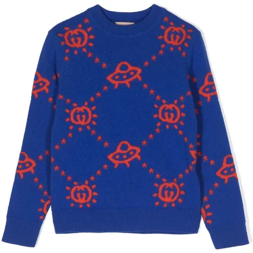 Blauer Wollpullover mit Logo-Muster - Gucci - Modalova