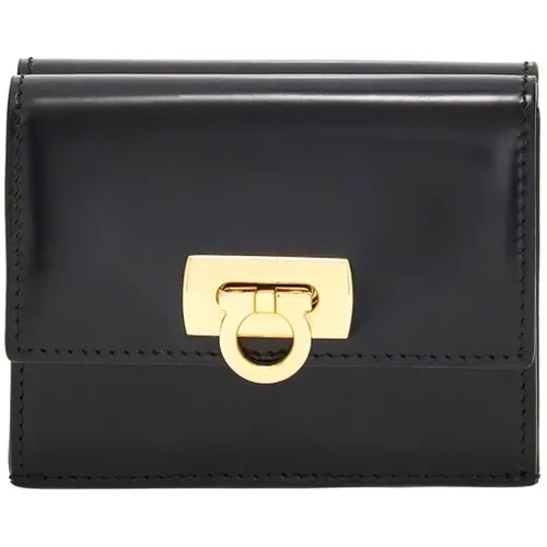 Schwarze Glänzende Kalbsleder Brieftasche Gancini , Damen, Größe: ONE Size - Salvatore Ferragamo - Modalova