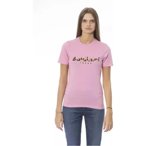 Rosa Crew Neck T-Shirt mit Print , Damen, Größe: S - Baldinini - Modalova