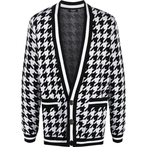 Houndstooth Cardigan in Wool Linen , male, Sizes: L - Balmain - Modalova