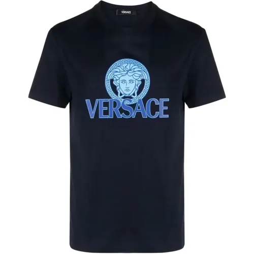 Medusa Logo Cotton T-Shirt Navy , male, Sizes: L - Versace - Modalova