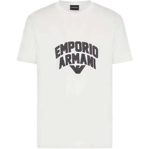 Weißes Tencel Jersey T-Shirt mit Adler Patch Logo - Emporio Armani - Modalova