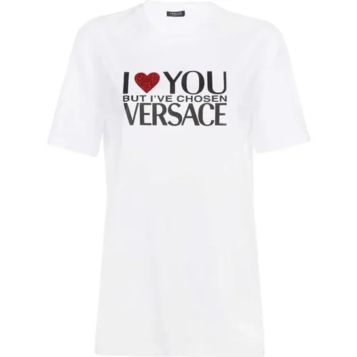 T-Shirt mit Strass-Logo , Damen, Größe: S - Versace - Modalova