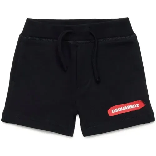 Schwarze Bermuda Shorts aus Baumwolle mit Woll-Effekt-Muster und Logo-Druck - Dsquared2 - Modalova