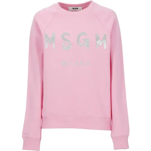 Rosa Baumwoll-Sweatshirt mit Glitzerlogo , Damen, Größe: M - MSGM - Modalova