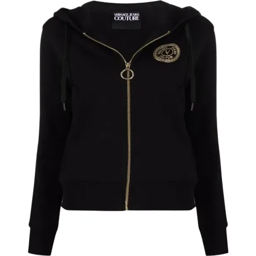 Schwarzer Baumwollhoodie mit goldenem Logo - Versace Jeans Couture - Modalova