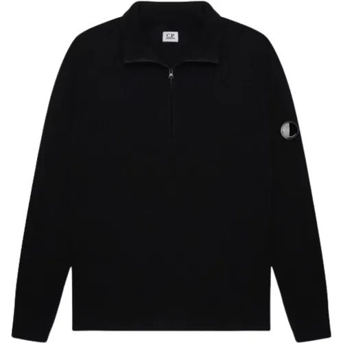 Schwarzer Lambswool Polo Kragen Strick , Herren, Größe: M - C.P. Company - Modalova